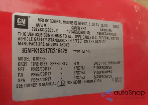 2007 Chevrolet Avalanche 1500 Lt from USA, damaged, VIN 3GNFK12317G316425